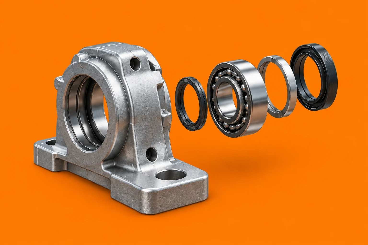 Exploded bearing assembly with a machined aluminum housing